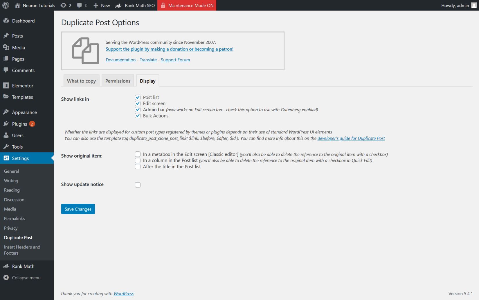 Duplicate Posts plugin settings display