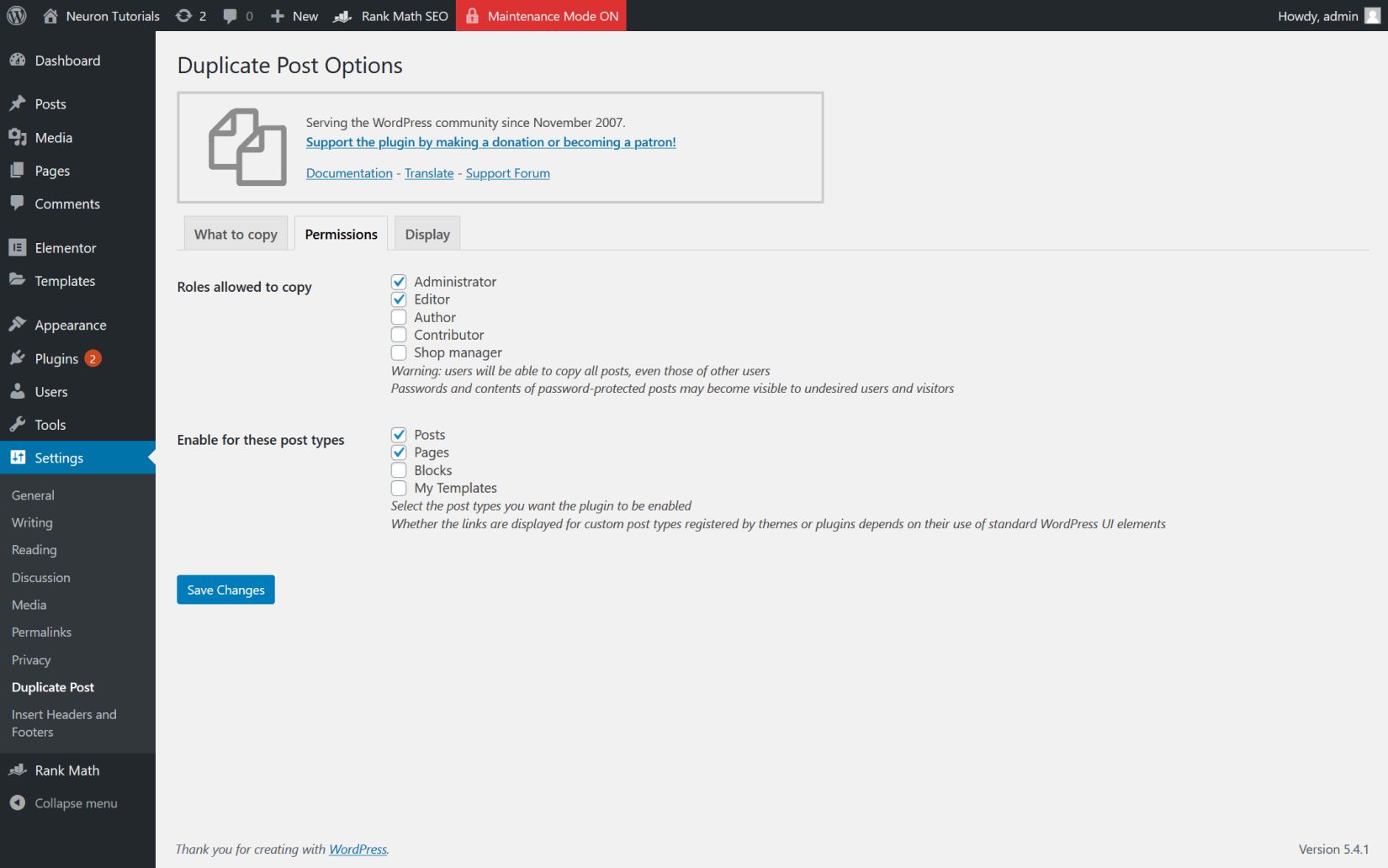 Duplicate Posts plugin settings permissions