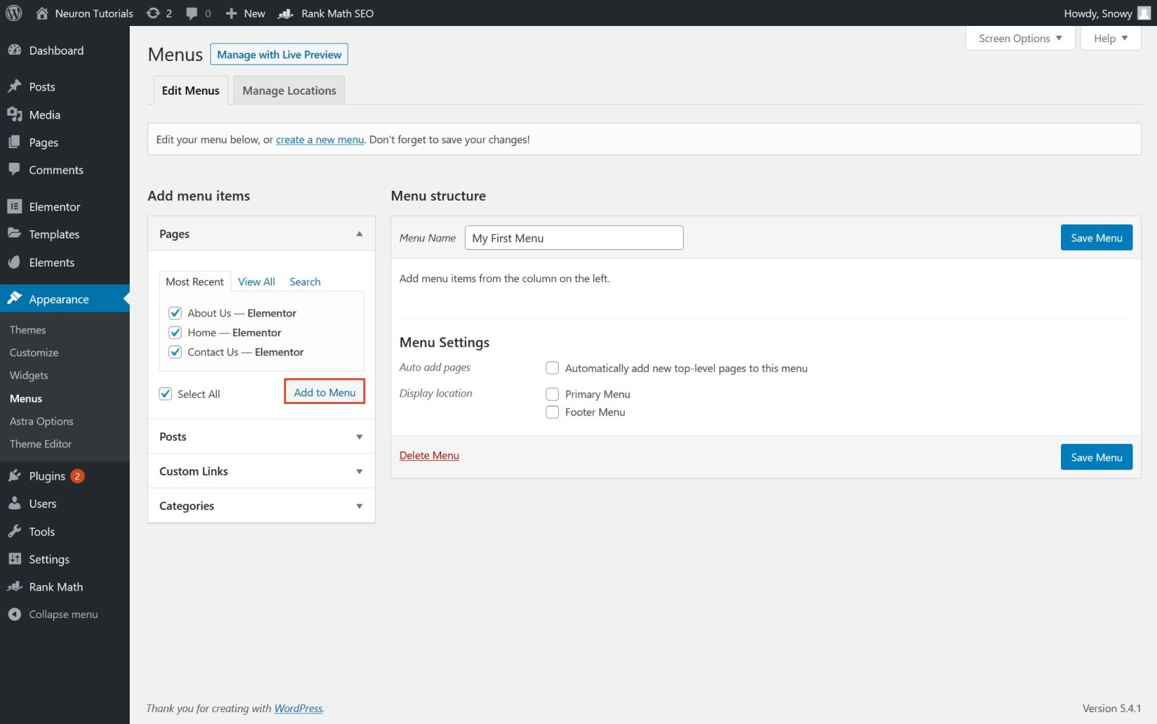 create menus with Astra theme