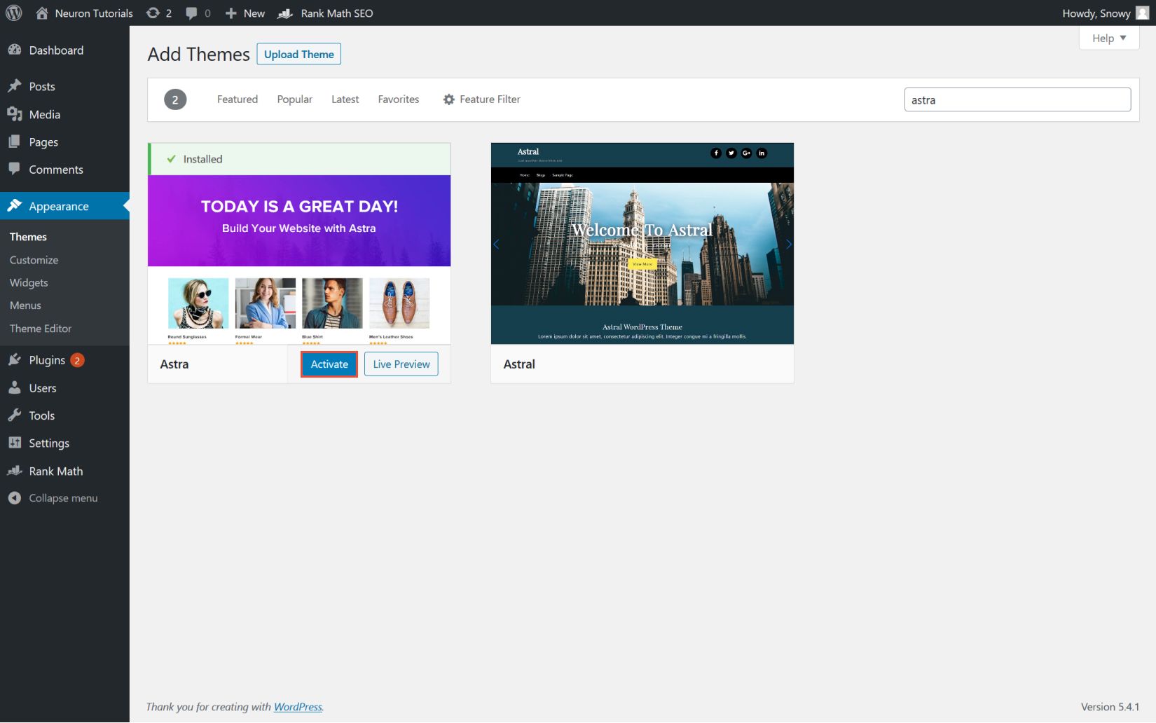 Instal Astra Theme from WordPress