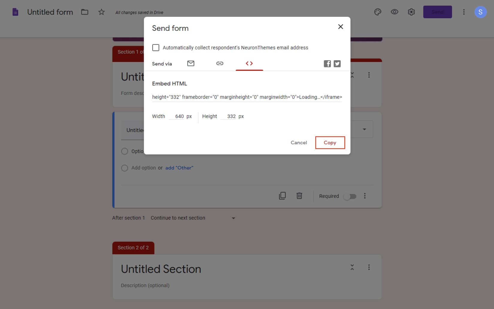 Generate the embed code from Google Form
