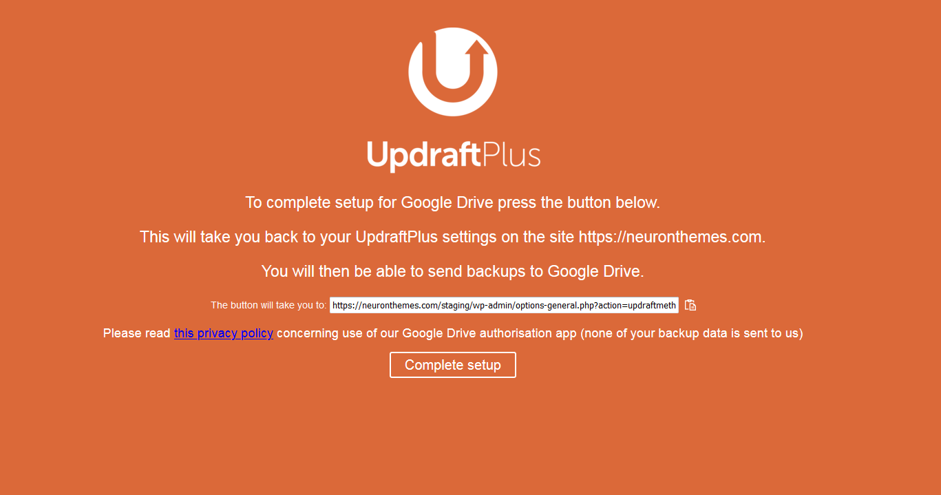 UpdraftPlus Google Drive connection completed